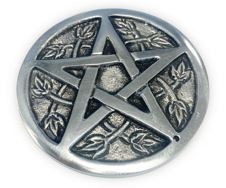 Runder Räucherstäbchenhalter aus weißem Metall Pentacle Altar dreifacher Mond cm