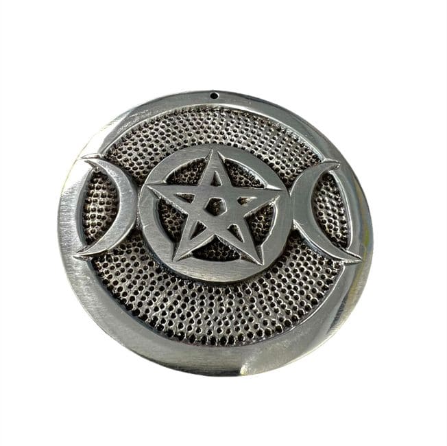 Porte encens métal blanc rond Pentacle Autel triple lune cm