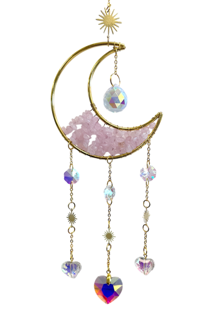 Mobile Attrape Soleil Quartz Rose - Lune - Coeur - Cristal 47cm chez Arabesk