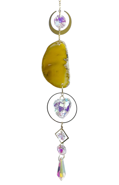 Mobile Attrape Soleil Agate Jaune Lune-Coeur Cristal 41cm chez Arabesk