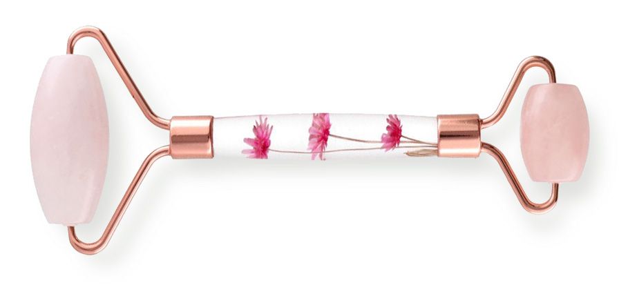 Masseur en quartz rose avec manche floral double rouleaux