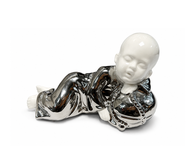 Statuette Moine Bouddhiste Couché en Céramique Blanc et Argenté 18cm chez Arabesk