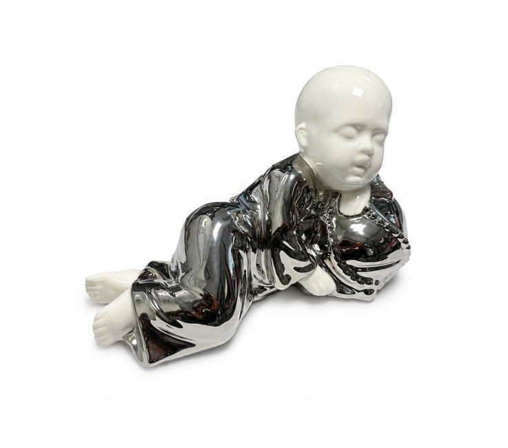 Statuette Moine Bouddhiste Couché en Céramique Blanc et Argenté 18cm chez Arabesk|fr