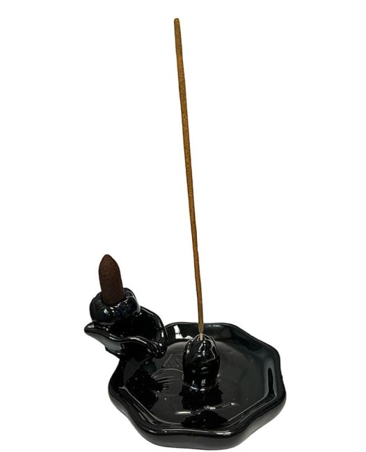 Porte Encens Backflow Céramique Noir  Fleurs de Lotus 13cm