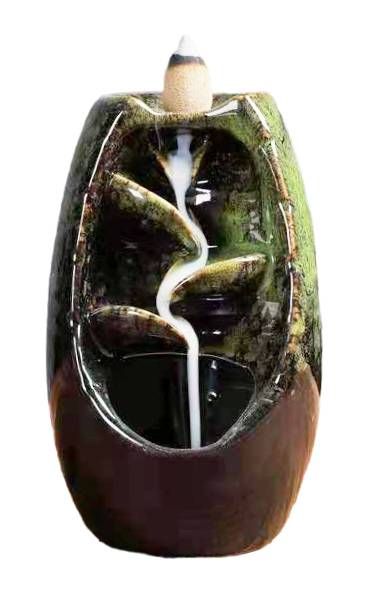 Porte Encens Backflow Céramique Verte Cascade de Feuilles 13cm