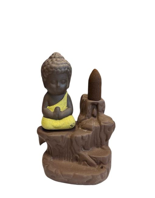 Porte Encens Backflow Céramique Bouddha Jaune 12cm