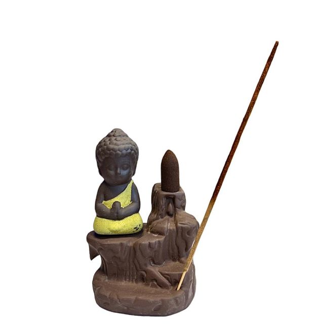 Porte Encens Backflow Céramique Bouddha Jaune 12cm