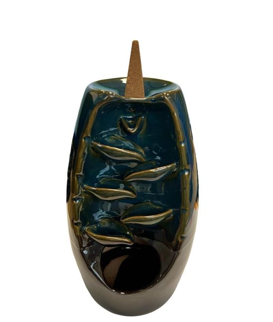 Porte Encens Backflow Céramique Bleu-Marron Cascade de Feuilles 20cm chez Arabesk|fr