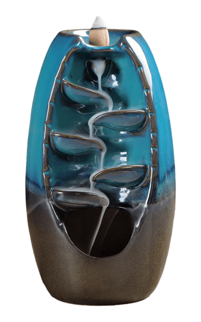 Porte Encens Backflow Céramique Bleu-Marron Cascade de Feuilles 20cm chez Arabesk