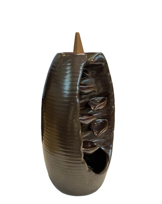 Porte Encens Backflow Céramique Marron-Doré Cascade de Feuilles 20cm