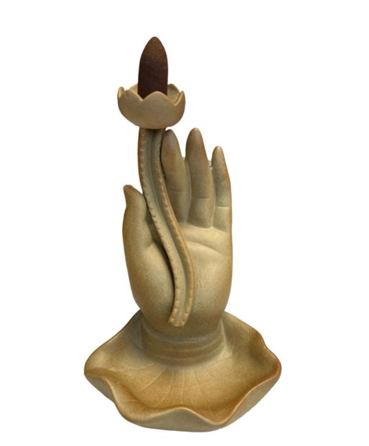 Rückfluss-Räucherstäbchenhalter, beige Keramik, Hand des Buddha – Lotus, 16 cm