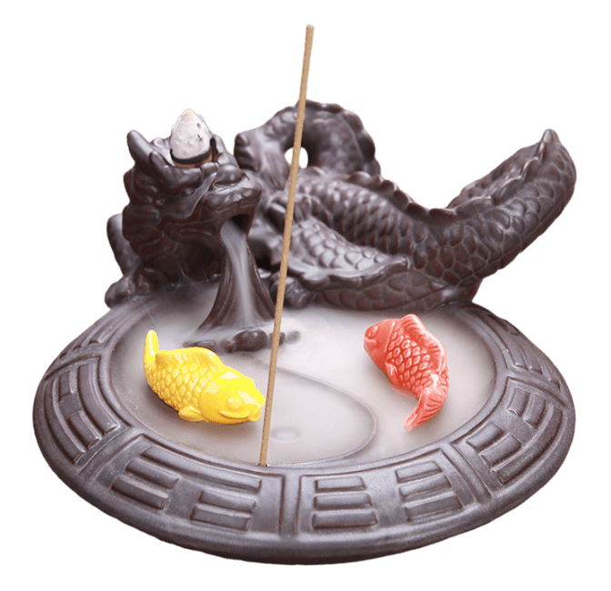 Porte Encens Backflow  Dragón/Poisson Koi  17cm