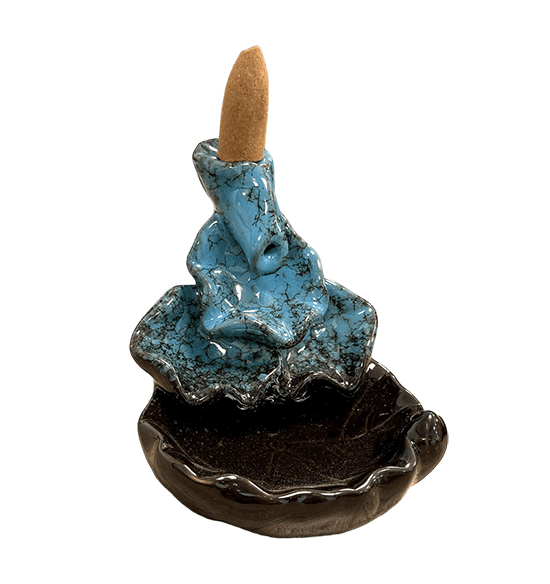 Porte Encens Backflow Céramique Cascade Feuilles de Lotus Bleu 10cm chez Arabesk|fr