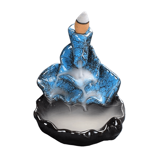 Porte Encens Backflow Céramique Cascade Feuilles de Lotus Bleu 10cm chez Arabesk