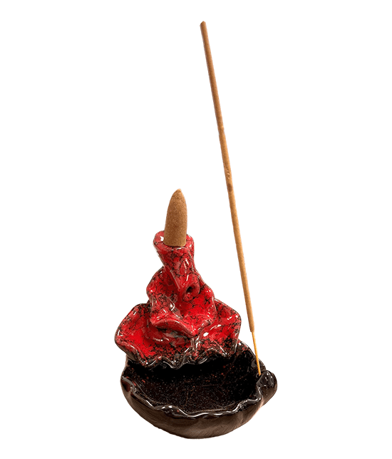 Porte Encens Backflow Céramique Cascade Feuilles de Lotus Rouge 10cm chez Arabesk|fr