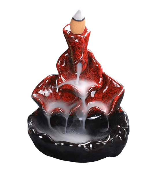 Porte Encens Backflow Céramique Cascade Feuilles de Lotus Rouge 10cm chez Arabesk