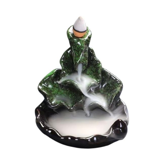 Porte Encens Backflow Céramique Cascade Feuilles de Lotus Vert 10cm