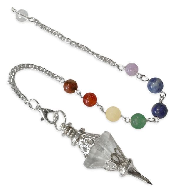 Pendule Cristal de Roche & métal conique 7 Chakras