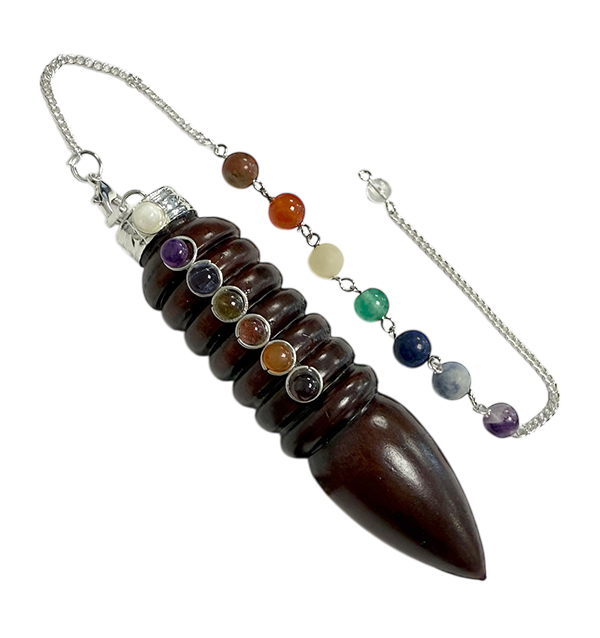 Pendule cone 7 Chakras en bois de rose 7.5cm chez Arabesk
