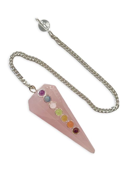 Pendule quartz rose & Sept Chakras conique 6 faces