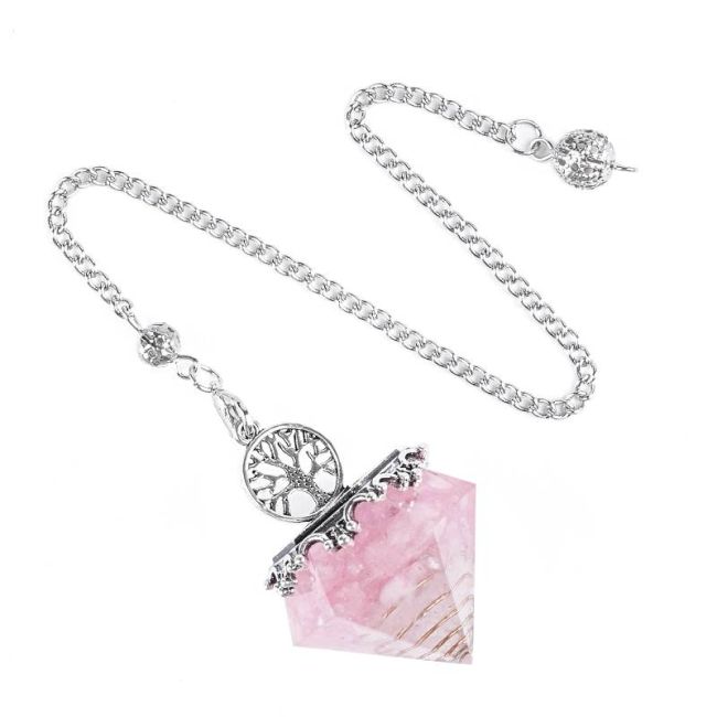 Pendule Orgonite Arbre de Vie Quartz Rose 6 faces