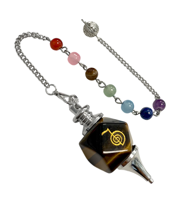 Pendule Hexagolal Œil de Tigre Reiki ChoKu Rei 7 Chakras chez Arabesk