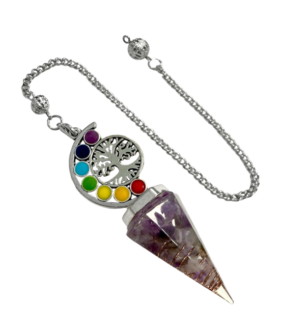 Pendule Orgonite Améthyste Arbre de Vie 7 Chakras 6 faces chez Arabesk