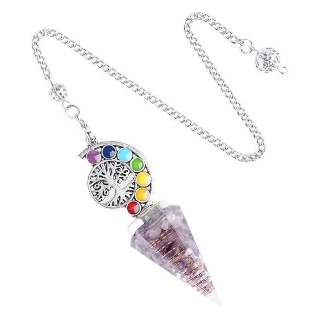 Pendule Orgonite Améthyste Arbre de Vie 7 Chakras 6 faces