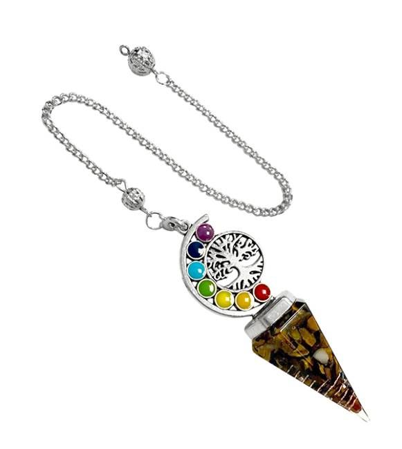 Pendule Orgonite Œil de Tigre Arbre de Vie 7 Chakras 6 faces chez Arabesk