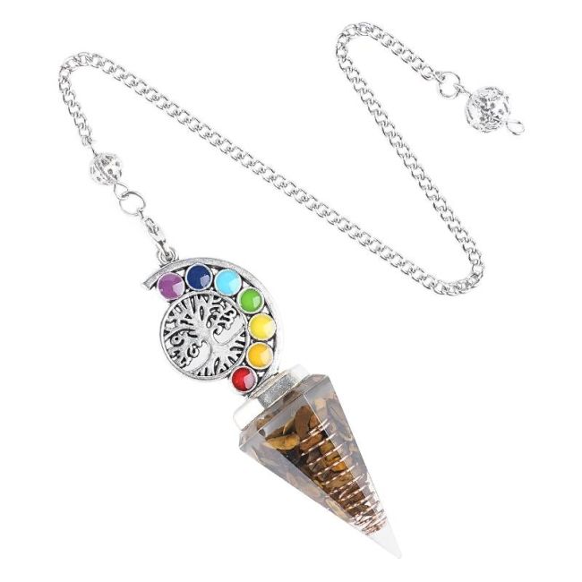 Pendule Orgonite Œil de Tigre Arbre de Vie 7 Chakras 6 faces