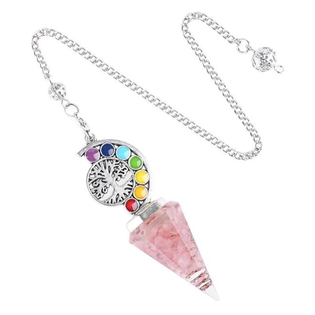 Pendule Orgonite Quartz Rose Arbre de Vie 7 Chakras 6 faces