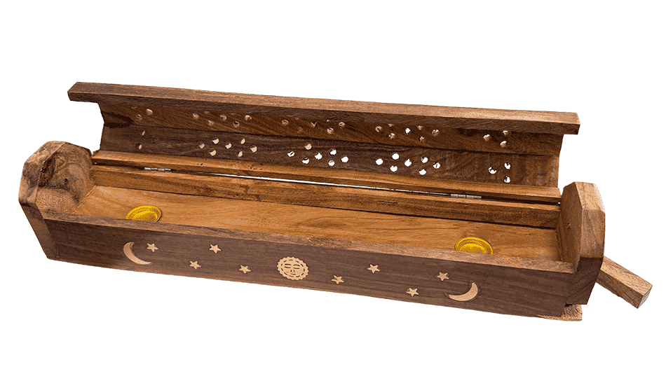 Porte Encens Coffret en Bois de Sheesham lune & soleil 30cm x2