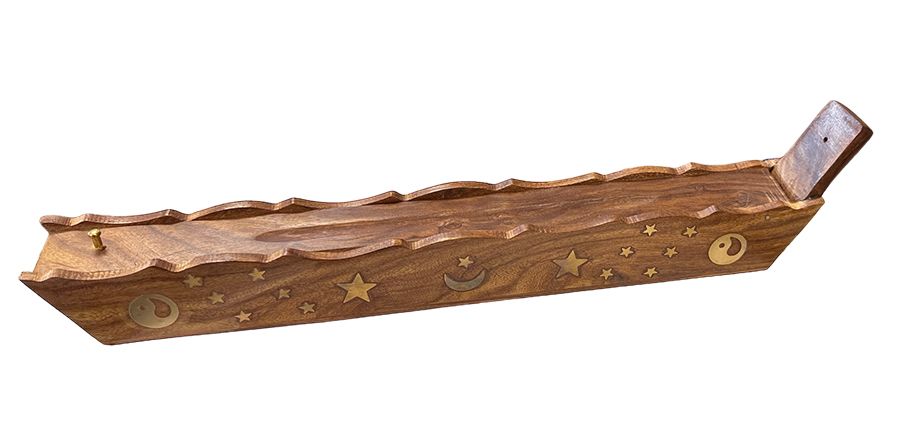 Räucherstäbchenhalter, Sheesham-Holz, Box, Mond, Sterne, Ying und Yang, 30 cm x 2