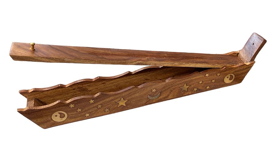 Räucherstäbchenhalter, Sheesham-Holz, Box, Mond, Sterne, Ying und Yang, 30 cm x 2