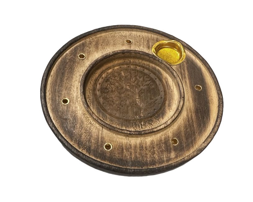 Porte Encens en Bois Rond Ciselé Arbre de vie 10cm x10 chez Arabesk