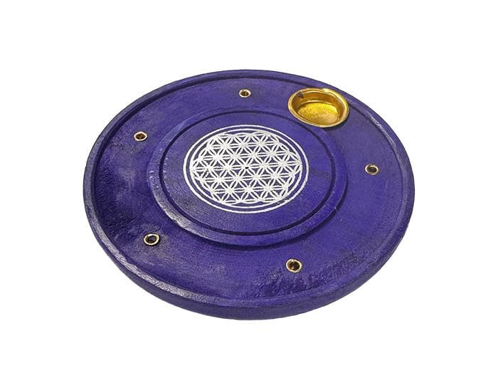 Porte Encens en Bois Rond Mauve Fleur de Vie 10cm x10