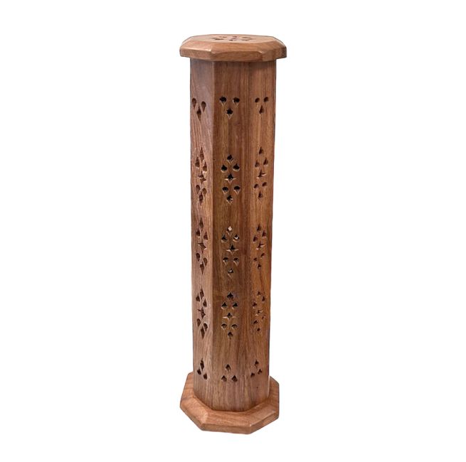 Achteckiger Turm-Räucherstäbchenhalter aus Sheesham-Holz, 30 cm x 2