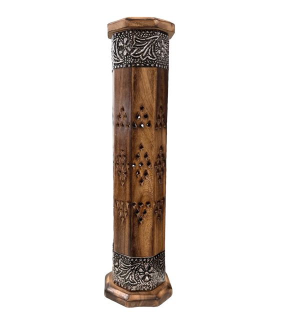 Achteckiger Turm-Räucherstäbchenhalter aus Mangoholz und Metall, 30 cm x 2
