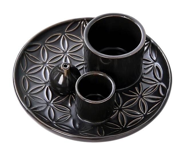 Porte Encens Céramique Noir Fleurs de Vie pour Palo Santo et Sauge Blanche  13cm