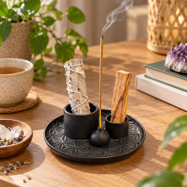 Porte-Encens Multifonction Fleur de Vie Noir Mat 13 cm chez Arabesk|fr