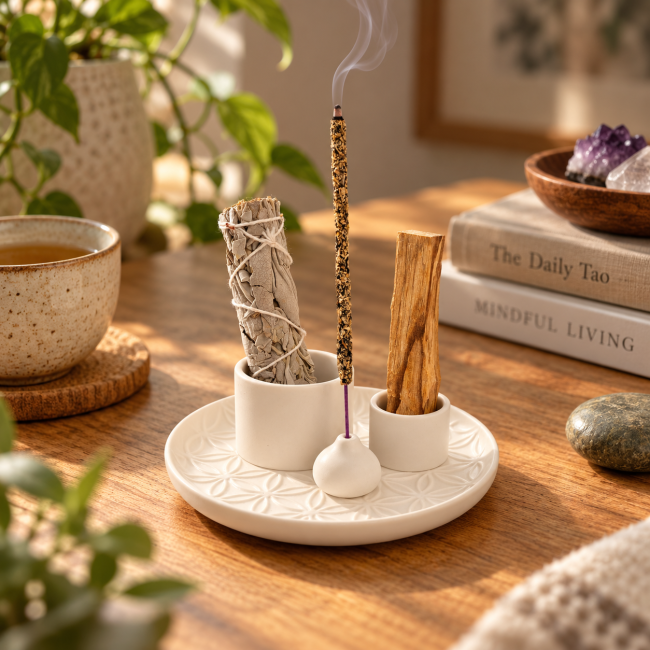 Porte-Encens Multifonction Fleur de Vie Ivoire 13 cm chez Arabesk|fr