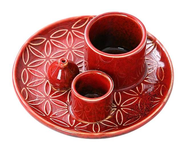 Porte Encens Céramique Rouge Fleurs de Vie pour Palo Santo et Sauge Blanche  13cm