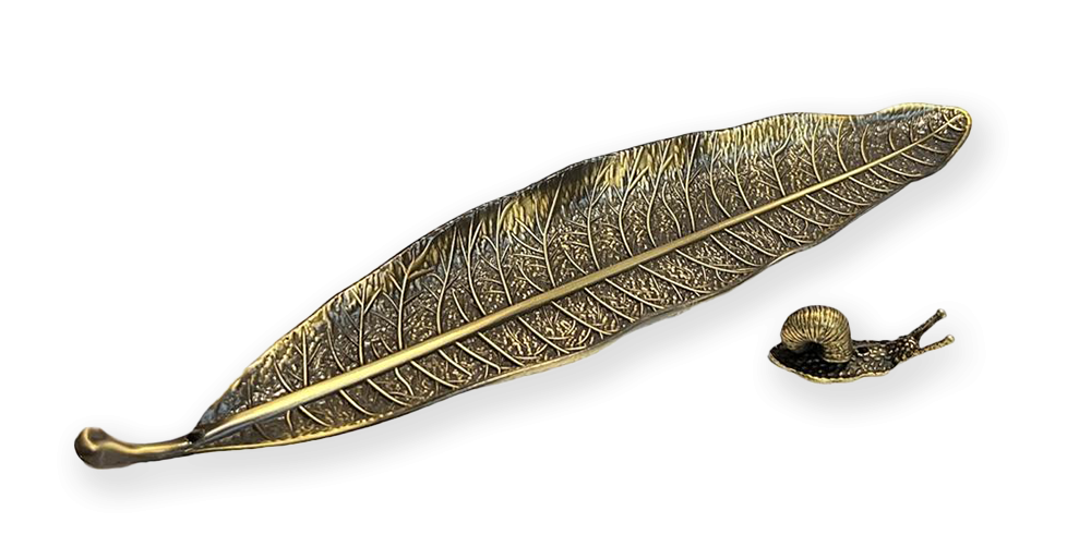 Porte Encens Métal Feuille avec Escargot couleur bronze 25cm