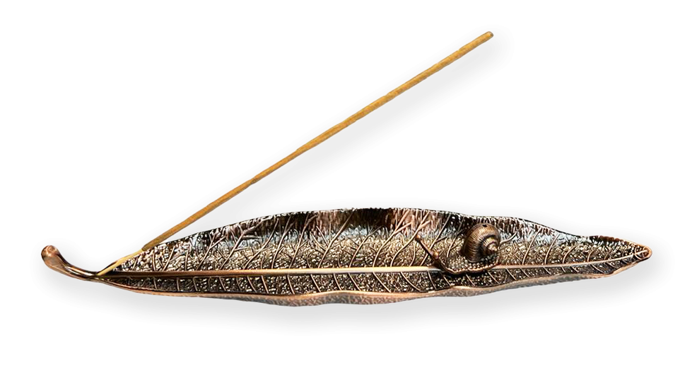 Porte Encens Métal Feuille avec Escargot couleur cuivre 25cm