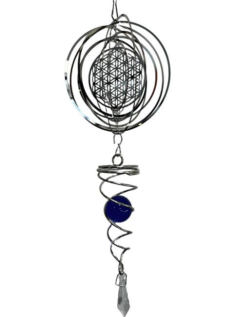 Carillon éolien 3D acier fleur de vie spirale avec boule bleu marine 10cm