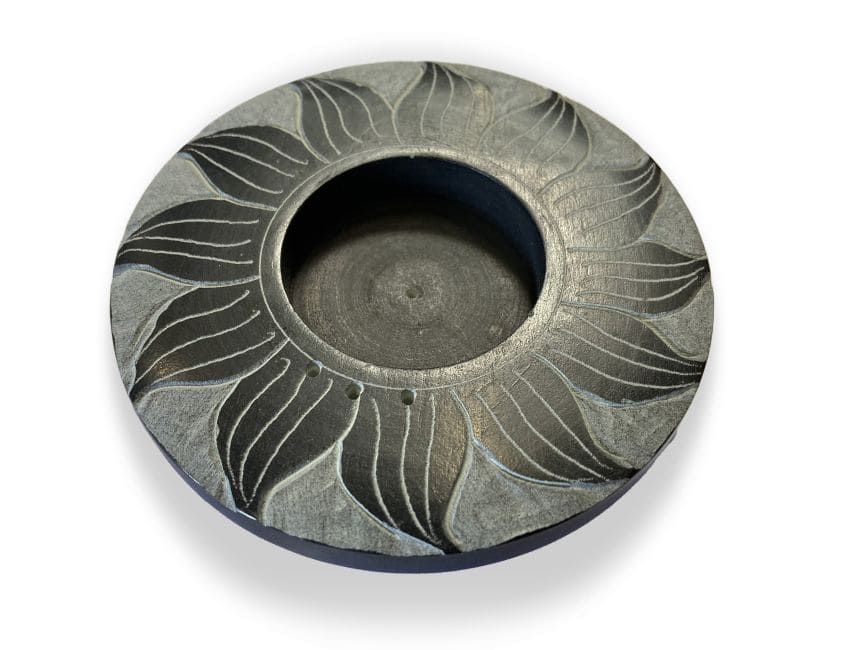 Porte encens pierre saponite rond noir & gris soleil 10cm