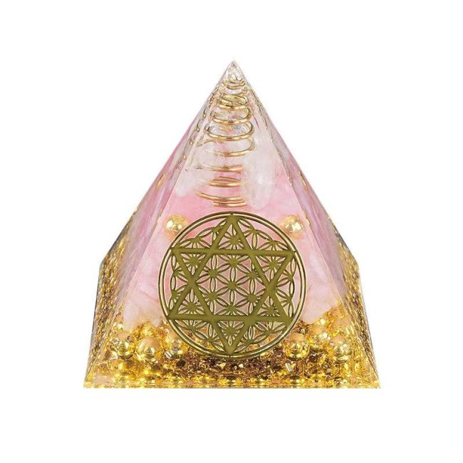 Orgonite Pyramide Cristal de Roche & Quartz Rose Fleur de Vie Pentacle chez Arabesk