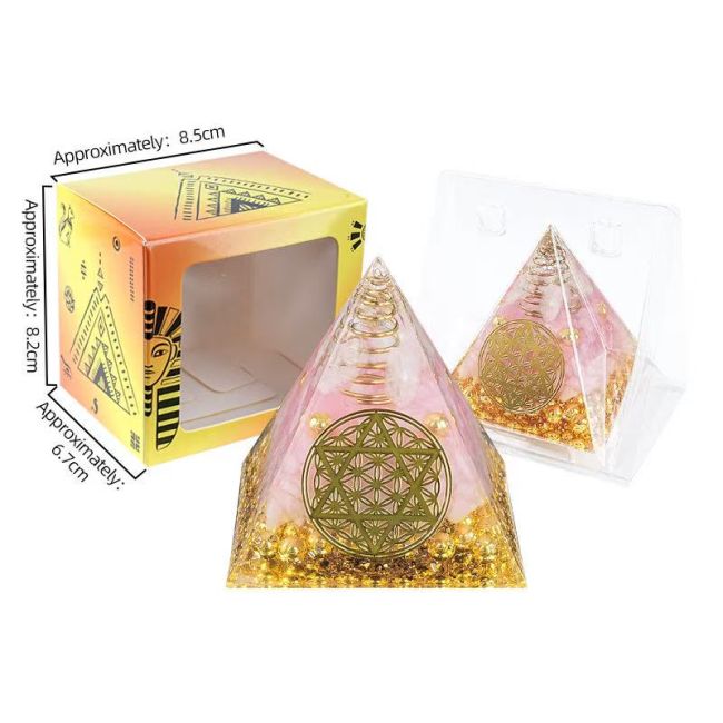 Orgonite Pyramide Cristal de Roche & Quartz Rose Fleur de Vie Pentacle chez Arabesk|fr