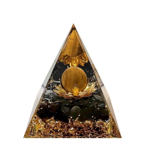Orgonite Pyramide Oeil de Tigre et Obsidienne Noire Lotus