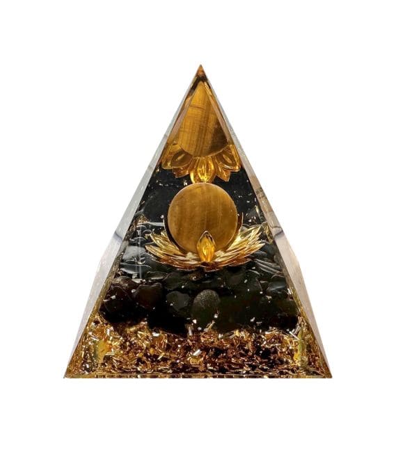 Orgonite Pyramide Oeil de Tigre et Obsidienne Noire Lotus chez Arabesk